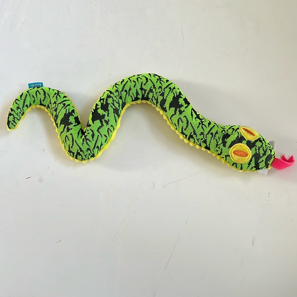Bark Green And Yellow Fabric Snake Squeak/Crinkle Dog Toy